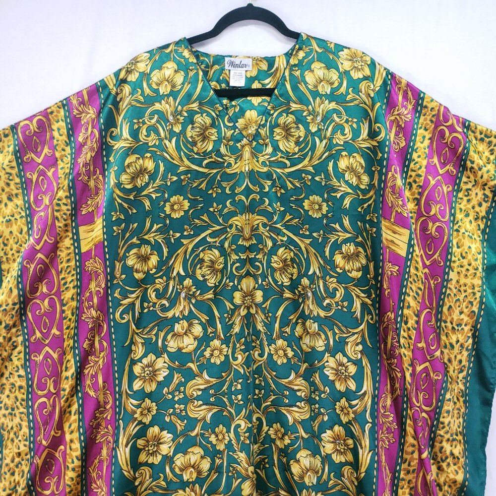 Winlar Multicolor Colorful Bold Boho Satin Floral Moo Moo Kaftan Maxi Dress - Picture 2 of 10